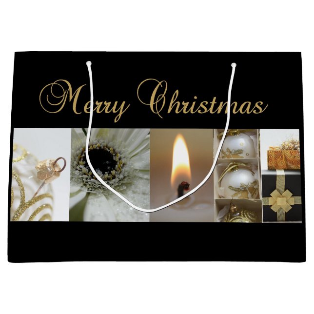 Christmas Collage Black, White and Gold Large Gift Bag (Front)