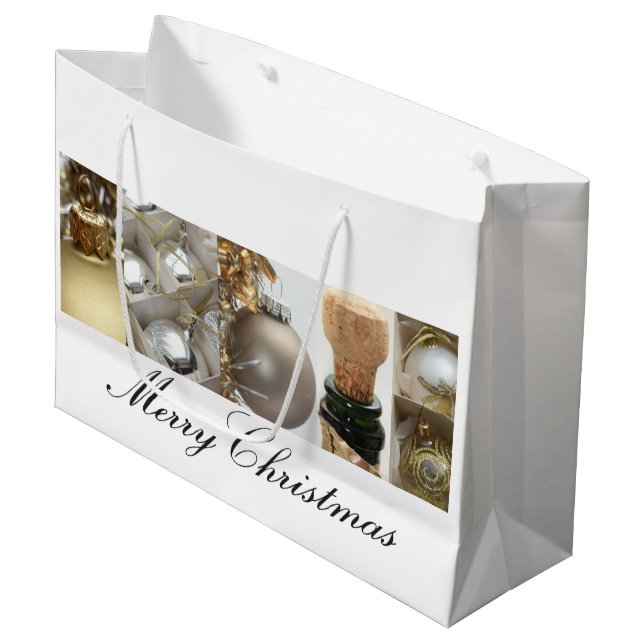 Christmas Collage Black, White and Gold Large Gift Bag (Front Angled)
