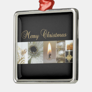 Christmas Collage Black, White and Gold Metal Tree Decoration