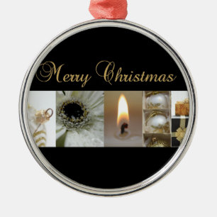 Christmas Collage Black, White and Gold Metal Tree Decoration