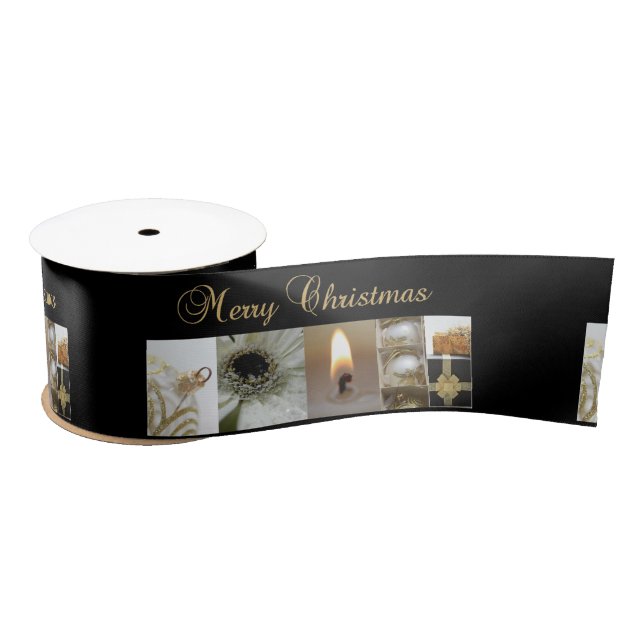 Christmas Collage Black, White and Gold Satin Ribbon (Spool)
