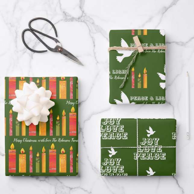 Christmas collage candles dove light peace custom  wrapping paper sheet (Front)