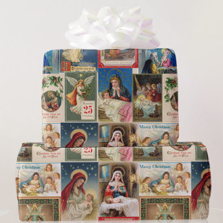 Christmas Collage of Antique Postcards Jesus Angel Wrapping Paper