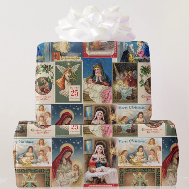 Christmas Collage of Antique Postcards Jesus Angel Wrapping Paper (Creator Uploaded)