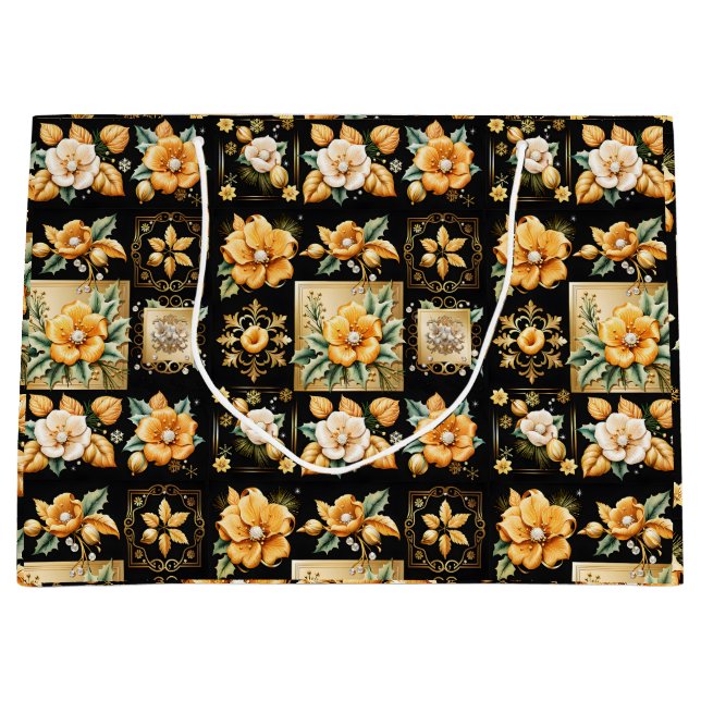Christmas Collage with Gold and White Flowers Large Gift Bag (Front)