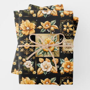Christmas Collage with Gold and White Flowers Wrapping Paper Sheet