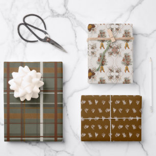 Christmas Collection   Green Plaid, Floral, Cedar Wrapping Paper Sheet