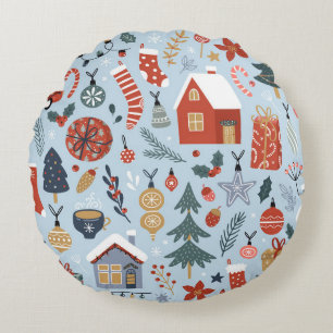 Christmas collection of decorative winter elements round cushion