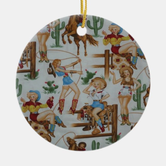 Christmas Collection Retro Cowgirls Ceramic Tree Decoration (Front)