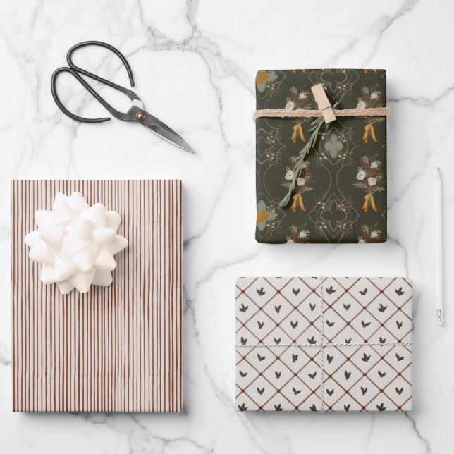 Christmas Collection | Stripe, Floral, Holly Wrapping Paper Sheet (Front)