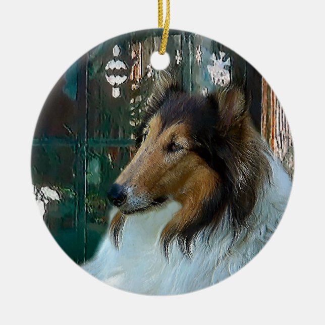 Christmas Collie at Window Ceramic Tree Decoration (Front)