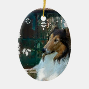Christmas Collie at Window Ceramic Tree Decoration