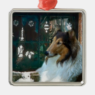 Christmas Collie at Window Metal Tree Decoration
