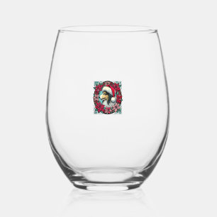 Christmas Collie Dog Illustration Yule Collies 2 Stemless Wine Glass
