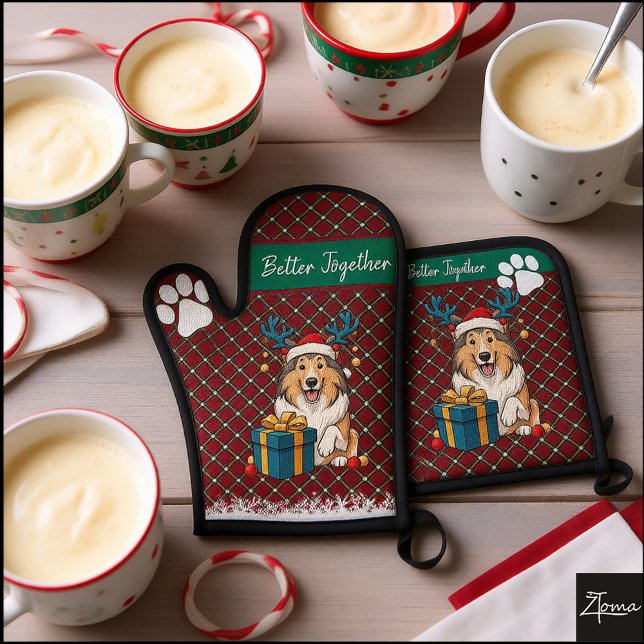 Christmas Collie Dog Reindeer Gift Graphic Oven Mitt & Pot Holder Set (Creator Uploaded)