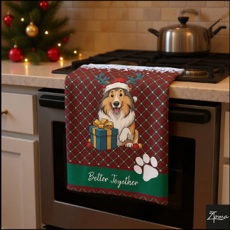 Christmas Collie Dog Reindeer Gift Graphic Tea Towel