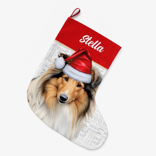 Christmas Collie Dog with Name Woof Background Large Christmas Stocking (Front (Hanging))