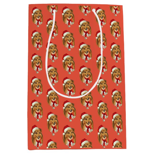 Christmas Collie dog Wrapping Paper Medium Gift Bag (Front)