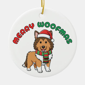 Christmas Collie Ornament: Merry Woofmas Ceramic Tree Decoration