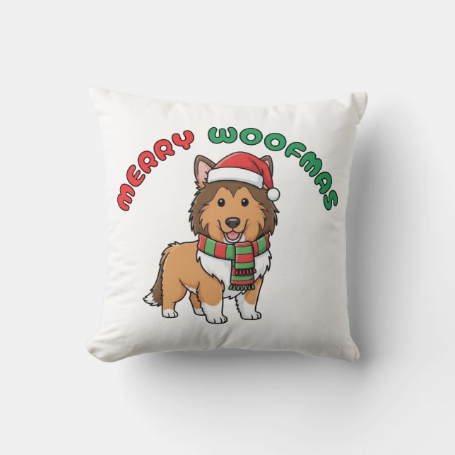 Christmas Collie Pillow: Merry Woofmas Cushion (Front)