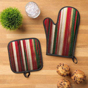 Christmas Color Stripes Red Green White Gold Oven Mitt & Pot Holder Set