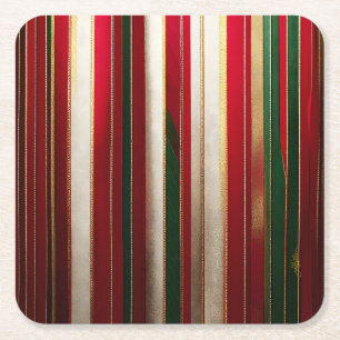 Christmas Color Stripes Red Green White Gold Square Paper Coaster