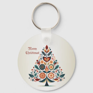 Christmas Colorful Tree Scandinavia Folk Art Key Ring