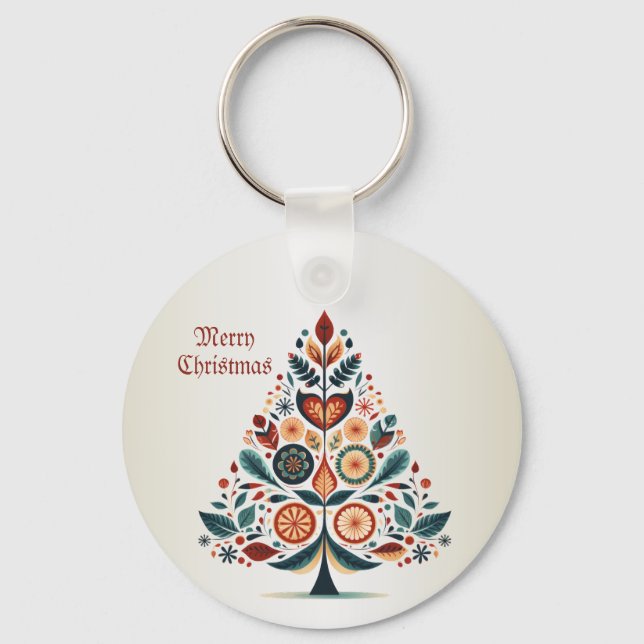 Christmas Colorful Tree Scandinavia Folk Art Key Ring (Front)