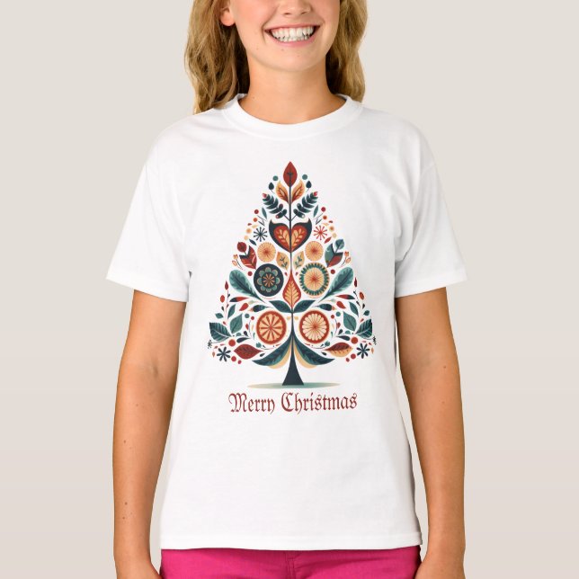 Christmas Colorful Tree Scandinavia Folk Art Kids T-Shirt (Front)