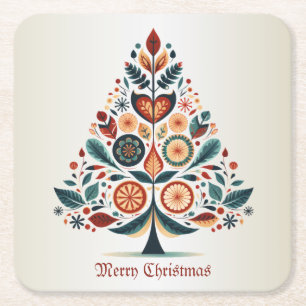 Christmas Colorful Tree Scandinavia Folk Art Square Paper Coaster