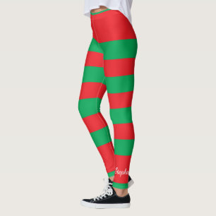 Christmas Colour, Red and Green Stripes, with Name Leggings