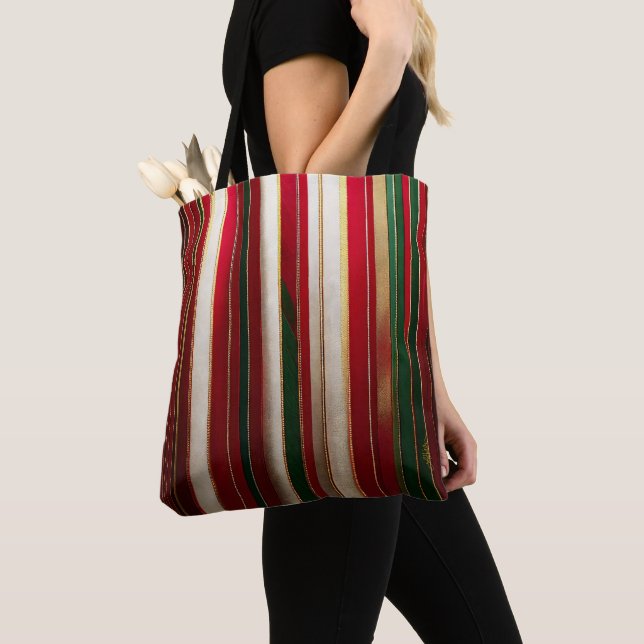 Christmas Colour Stripes Red Green White Gold Tote Bag (Close Up)