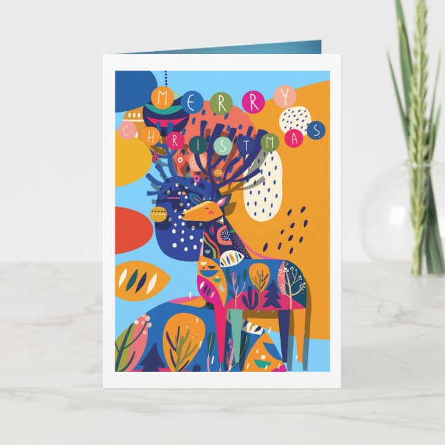 Christmas Colourful Abstract Reindeer Personalised Holiday Card (Front)