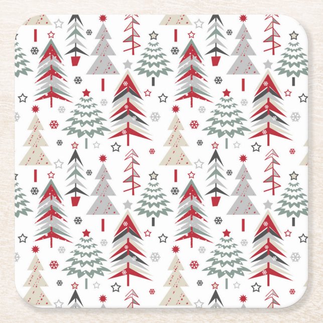 Christmas ,colourful ,Christmas tree ,red ,green Square Paper Coaster (Front)