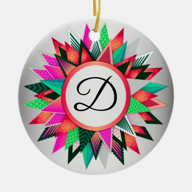 Christmas Colourful Design Monogram Initial Ceramic Tree Decoration (Front)