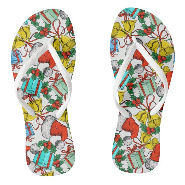 Christmas Colourful Gifts Red Santa Hats Holidays Flip Flops (Footbed)
