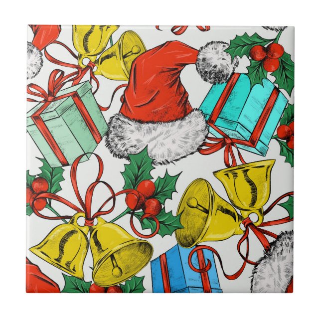 Christmas Colourful Gifts Red Santa Hats Holidays Tile (Front)