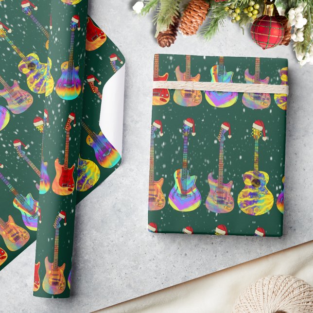 Christmas Colourful Guitar Pattern Green Wrapping Paper (Christmas colorful guitars pattern green wrapping paper for guitarists musicians guitar tutors )