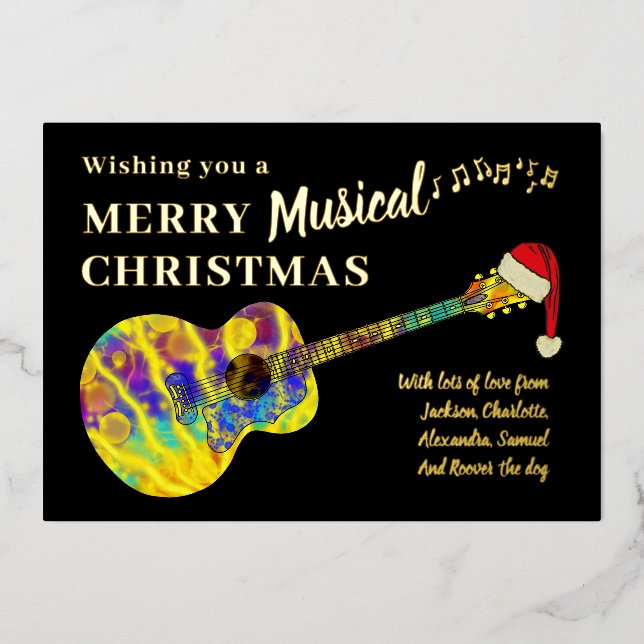 Christmas Colourful Guitar Personalised Gold Foil Holiday Card (Front)