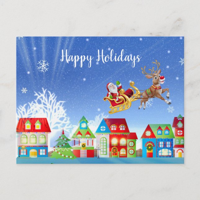 Christmas Colourful Houses Golden Santa Sleigh Postcard (Front)