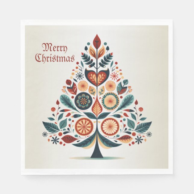 Christmas Colourful Tree Scandinavia Folk Art Napkin (Front)