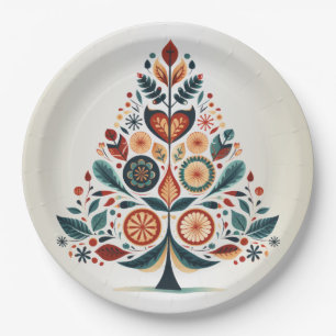 Christmas Colourful Tree Scandinavia Folk Art Paper Plate