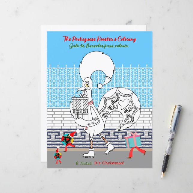 Christmas Colouring Portuguese  Rooster for Kids (Front/Back In Situ)