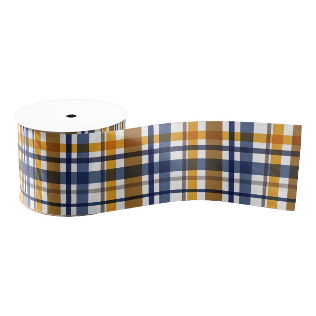 Christmas Colours Plaid Navy Yellow Brown Grosgrain Ribbon (Spool)