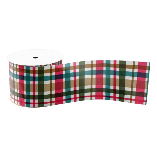 Christmas Colours Plaid Red Green Teal Grosgrain Ribbon (Spool)