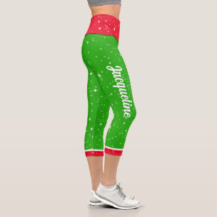 Christmas Colours with Your Name in White - GREEN Capri Leggings