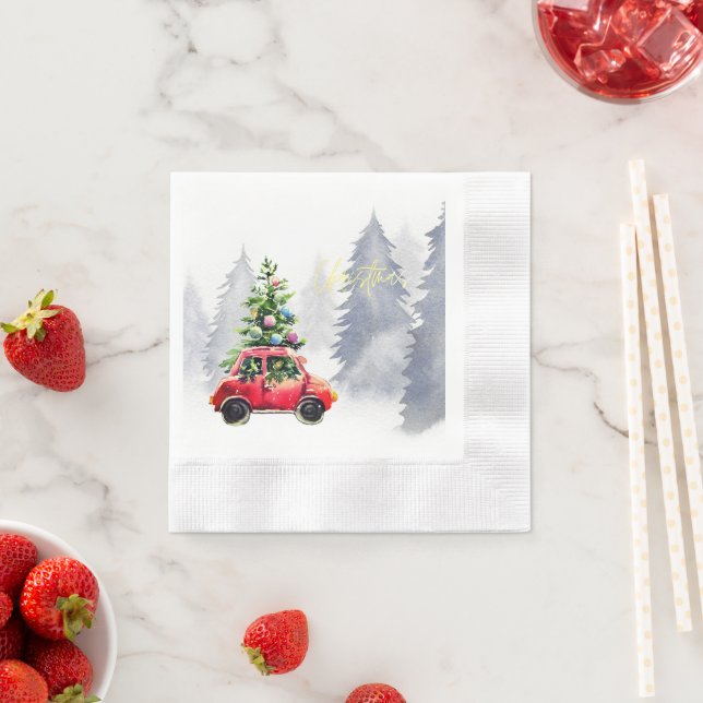 Christmas Come to Us,  Red Truck Snowflakes Napkin (Insitu)