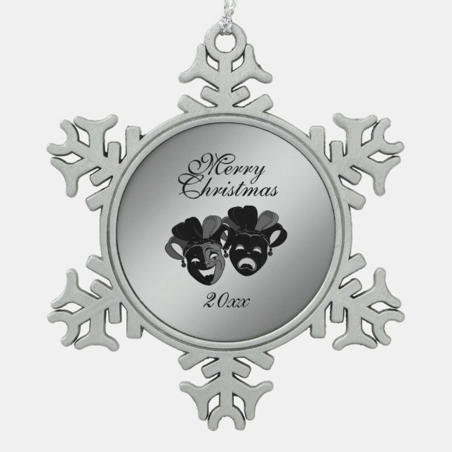 Christmas Comedy and Tragedy Theatre Masks Snowflake Pewter Christmas Ornament (Front)