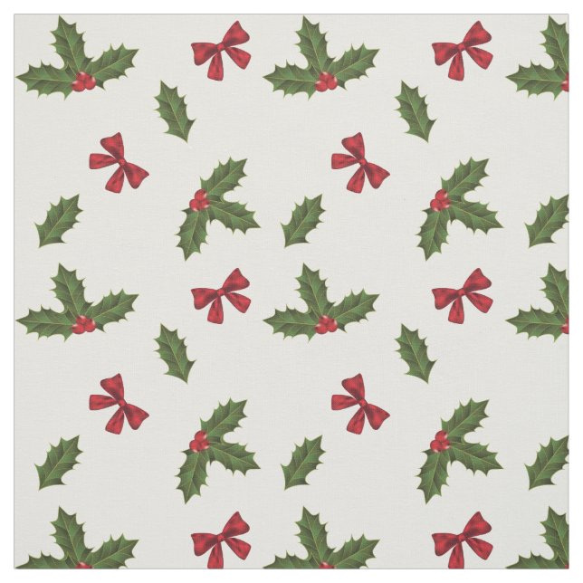 Christmas Common Holly Plants And Red Bows Pattern Fabric (Swatch)