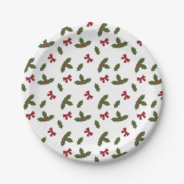 Christmas Common Holly Plants And Red Bows Pattern Paper Plate (Front)